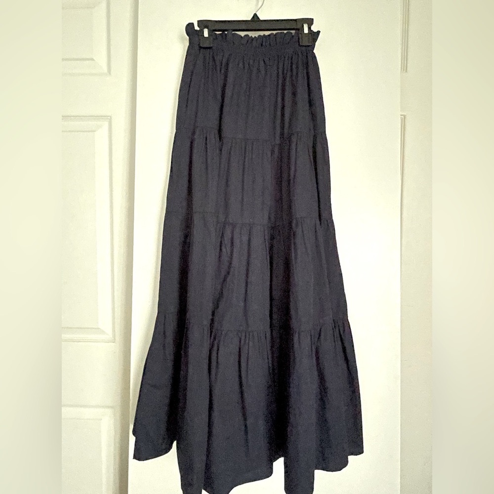 Kourt Navy Cotton Crisp Poplin Tiered Midi Maxi Skirt Elastic Waist NWOT